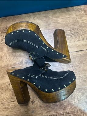 Black Suede Platform Clogs with Brass Studs